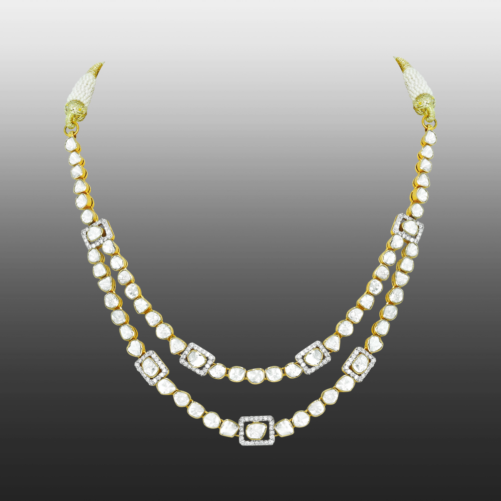 Double-Layer Polki Necklace with Round and Square Motifs